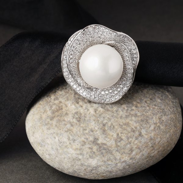 Bahar Pearl Diamond Ring Free Size Silver