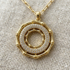The Aurelia Bamboo & Pave Circle Pendant Necklace