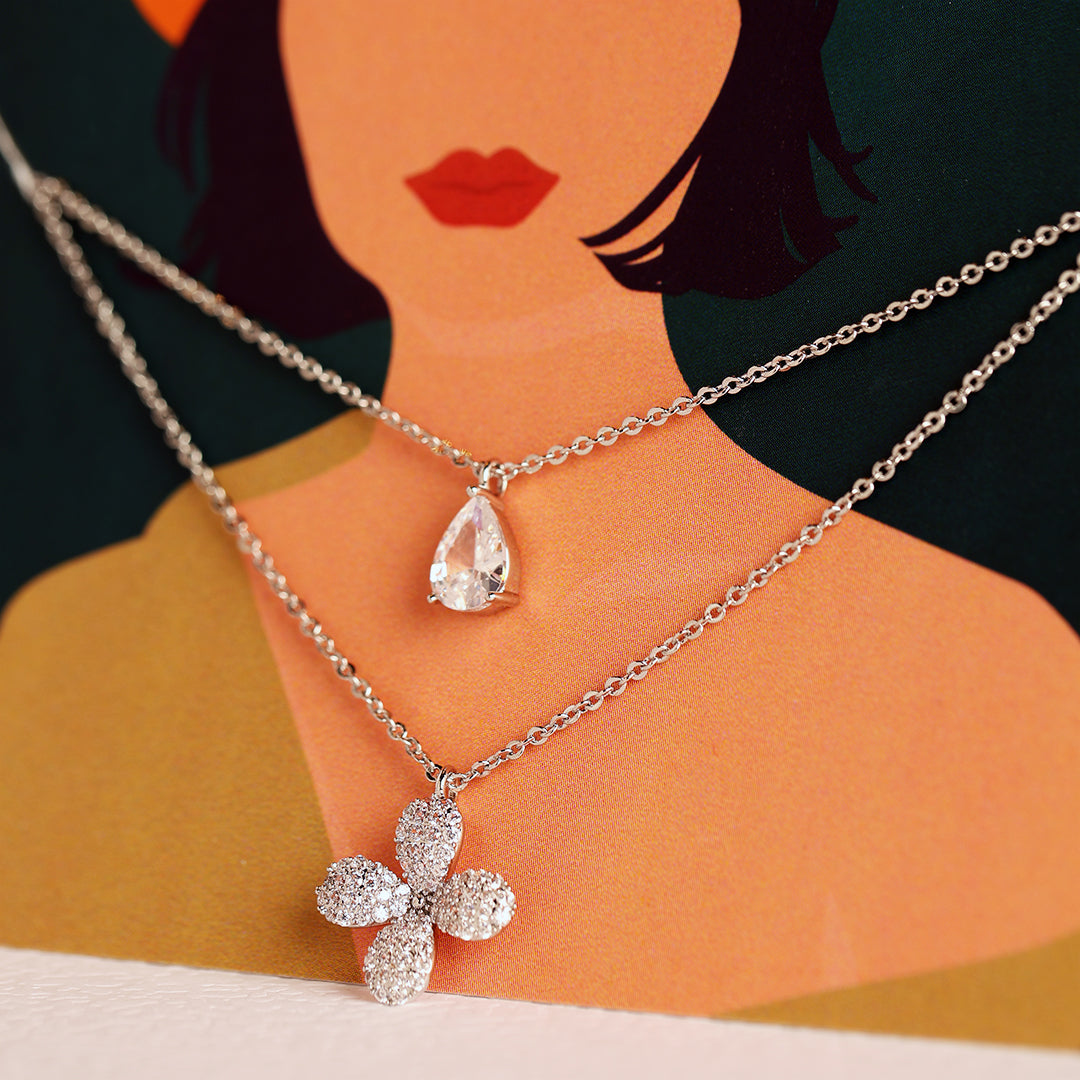 Flower drop Diamond Dual Pendant -Silver