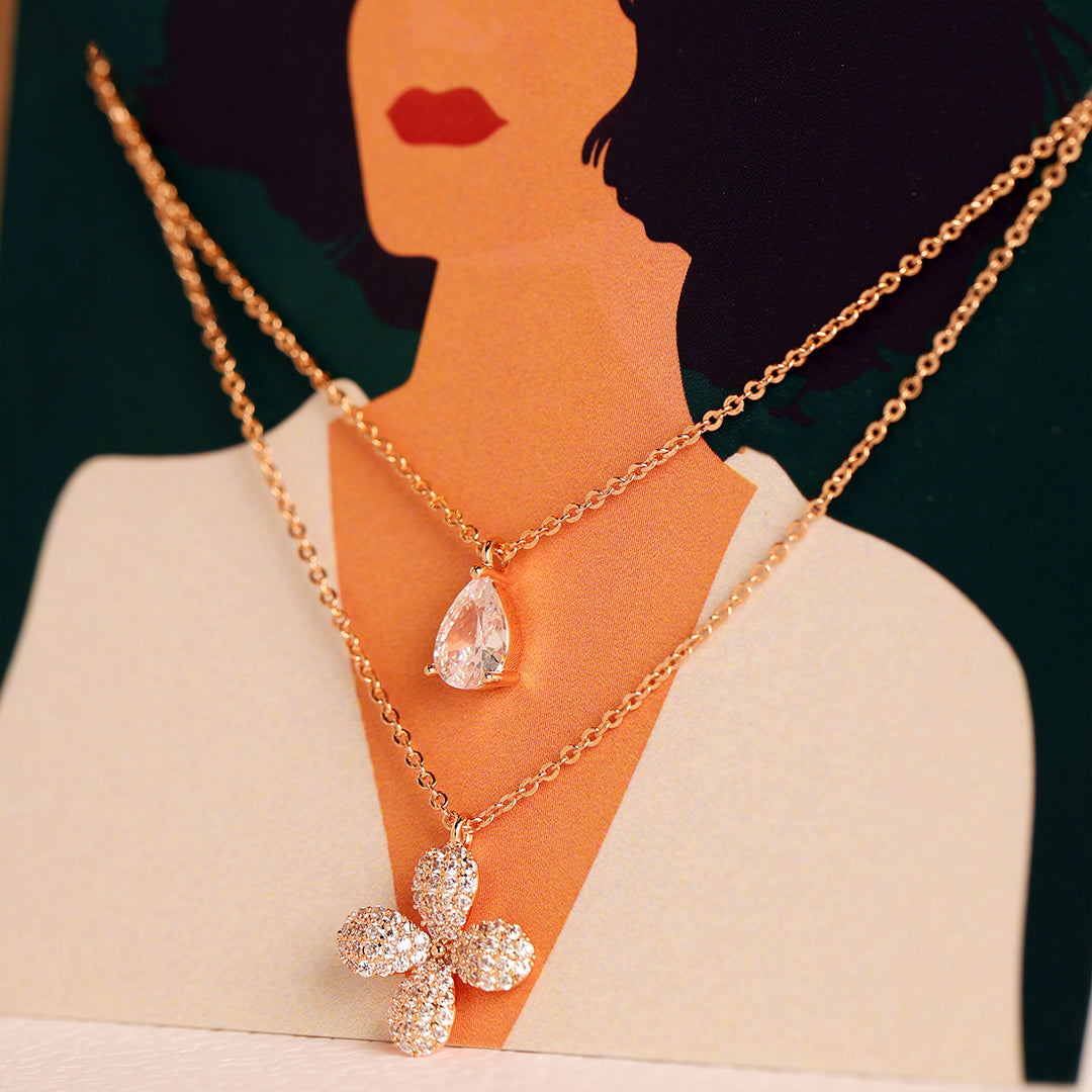 Flower drop Diamond Dual Pendant -Rose Gold